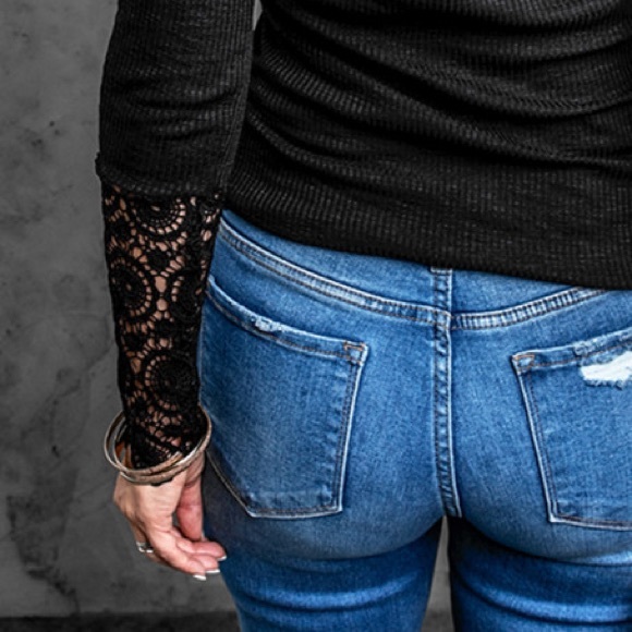 Black Crochet Plus Sized Lace Hem Sleeve Button Rib Knit Henley Top - 2X - Picture 2 of 12